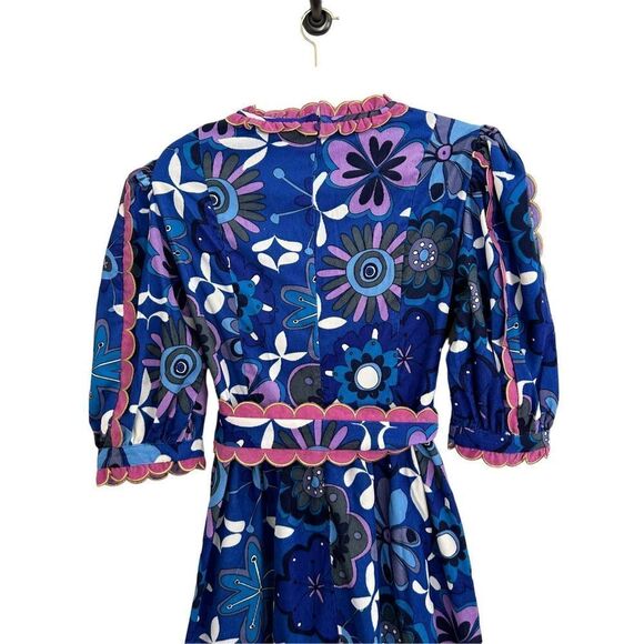 CeliaB Merapi Belted Puff Sleeve Corduroy Print Midi Dress Blue Women’s Size XL - Picture 6 of 12